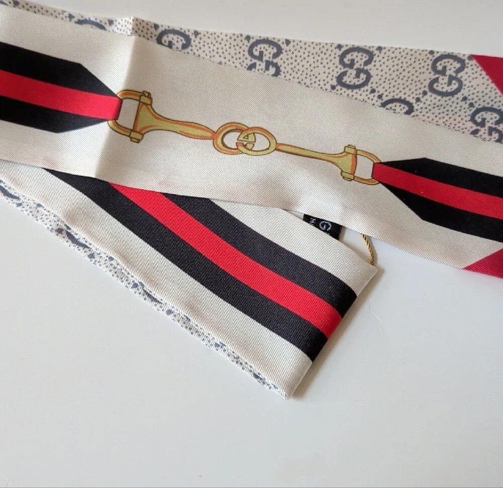 Fashion GGSilk Scarf Ribbon with Red, Black & Ivory Stripes NWT